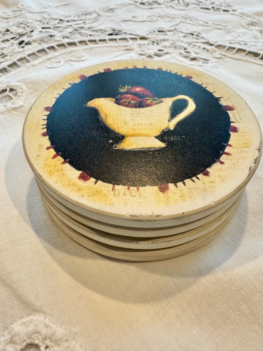 Set of 4 Fruit Illustration Round Ceramic Coasters cork backs  signed Emily 4”
